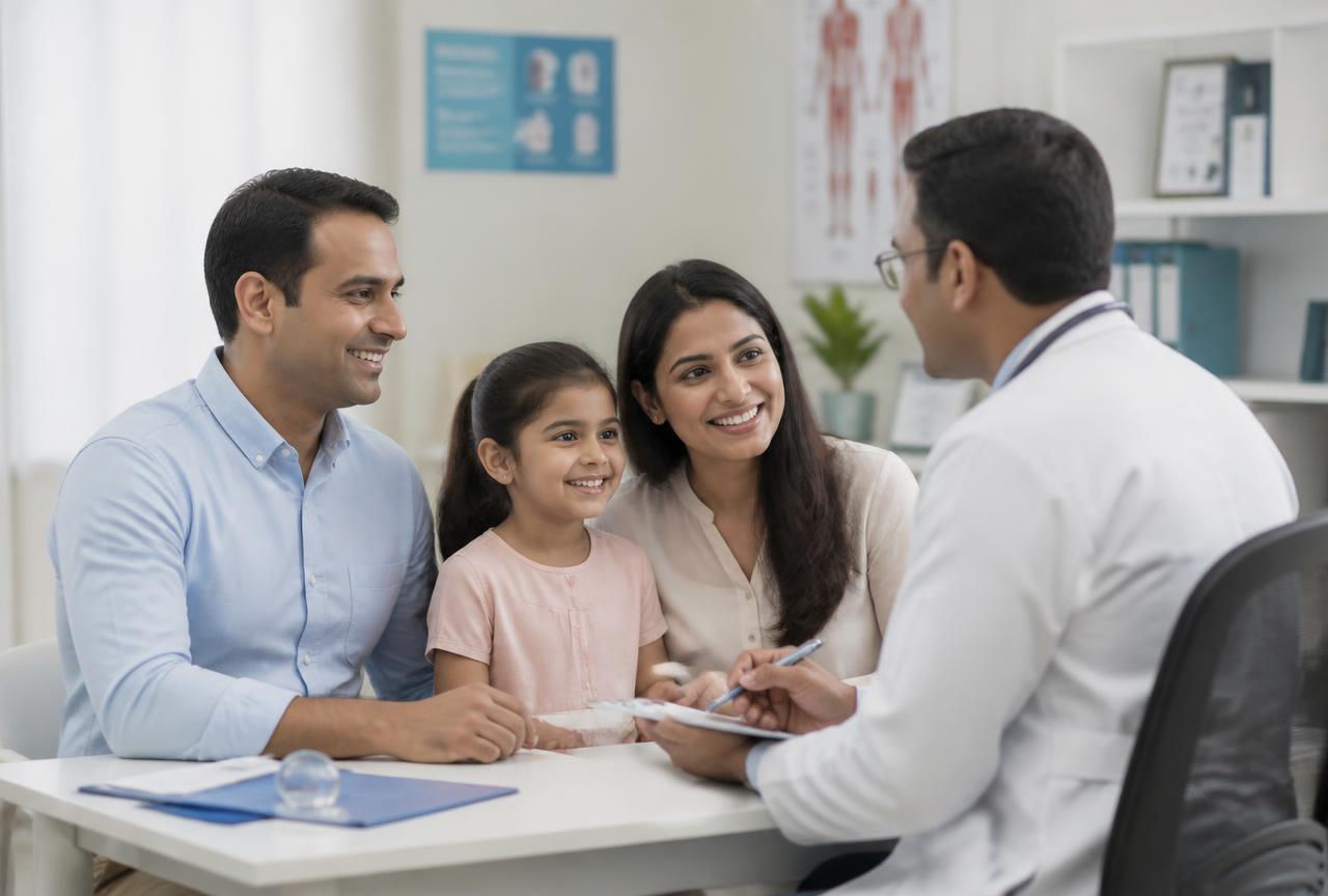 Indian family discussing a health plan with a doctor